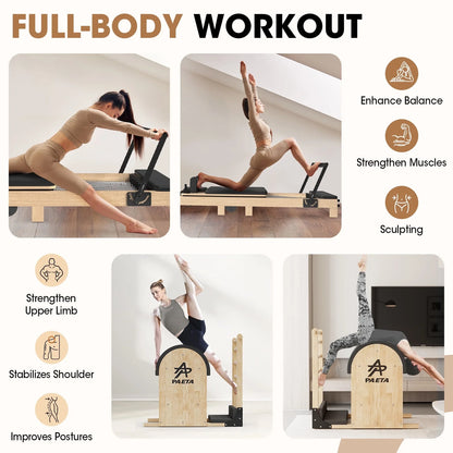 Pilates Reformer Machine, Wood Pilates Machine Bed Yoga Exercise Strength Training Equipment with Pilates Chair and Pilates Barrel for Home Workout