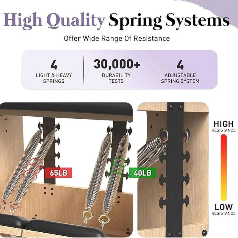 Pilates Reformer Machine, Wood Pilates Machine Bed Yoga Exercise Strength Training Equipment with Pilates Chair and Pilates Barrel for Home Workout